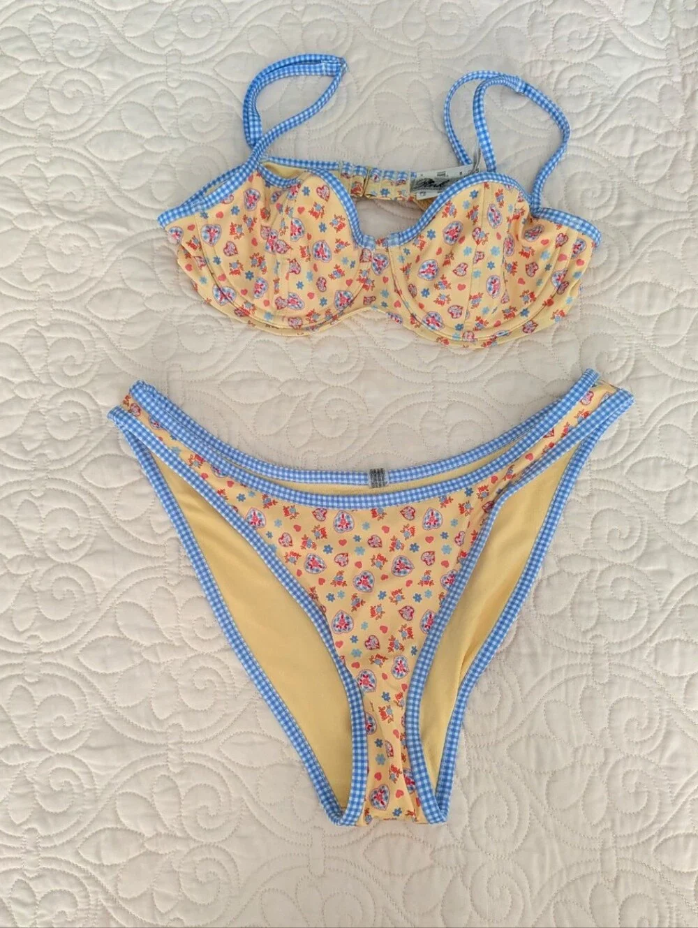 PINK x Frankies Bikinis Floral Heart Gingham Bikini Set - S Top & M Bottom